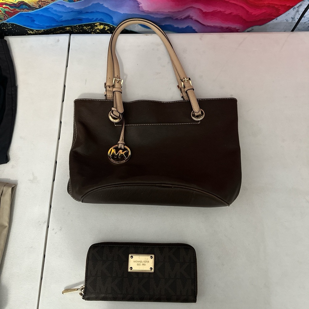 Michael Kors Dark Brown Leather Tote with Light Tan Handles and wallet
